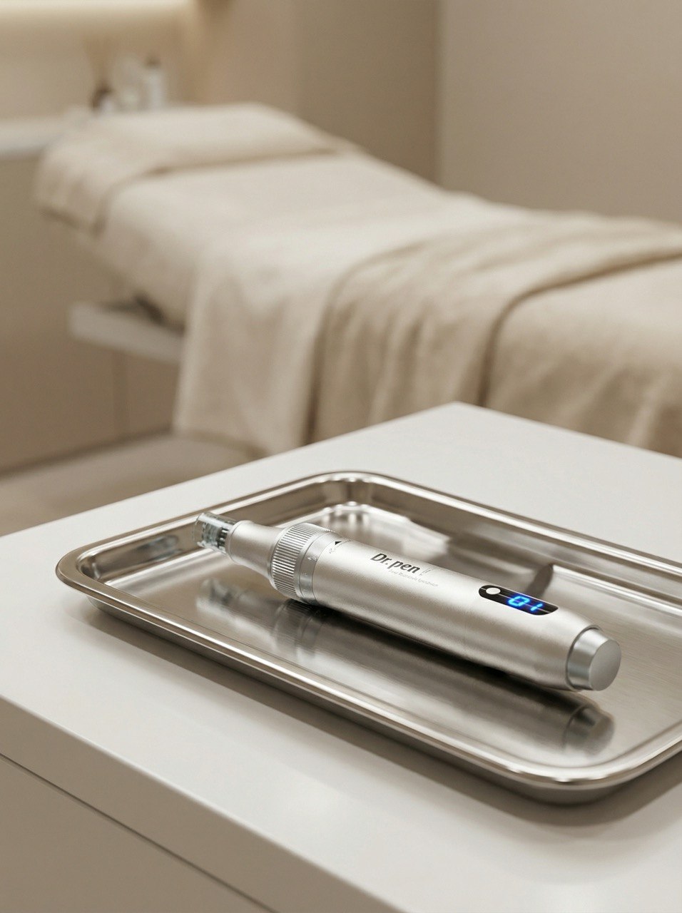 Ein professionelles Microneedling-Gerät auf einem sterilen Tablett in einem modernen Kosmetikstudio.