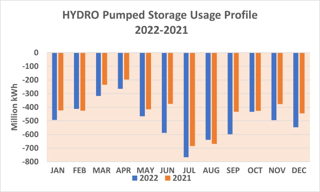 Ein Balkendiagramm, das den hydrogepumpten Speicher von 2021 bis 2022 zeigt, wobei jeder Balken ein Jahr darstellt und seine Höhe den verwendeten Speicher angibt.
