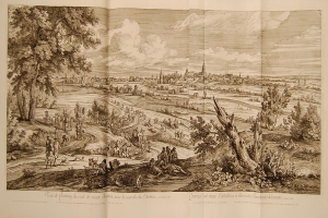 Offenes Buch mit dem Titel "Sicht auf die Schlacht von Castellum und Castellium aus der Illustrated London News", das eine detaillierte Illustration einer Schlacht zeigt mit Menschen, Bäumen, Pflanzen, Gebäuden und Wolken.