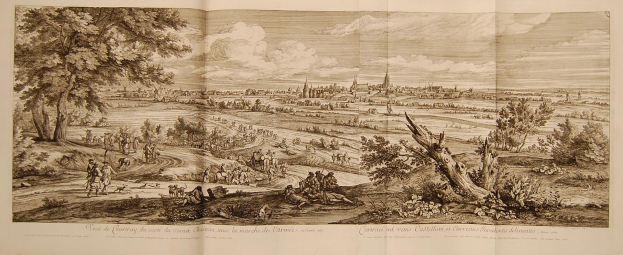 Offenes Buch mit dem Titel "Sicht auf die Schlacht von Castellum und Castellium aus der Illustrated London News", das eine detaillierte Illustration einer Schlacht zeigt mit Menschen, Bäumen, Pflanzen, Gebäuden und Wolken.