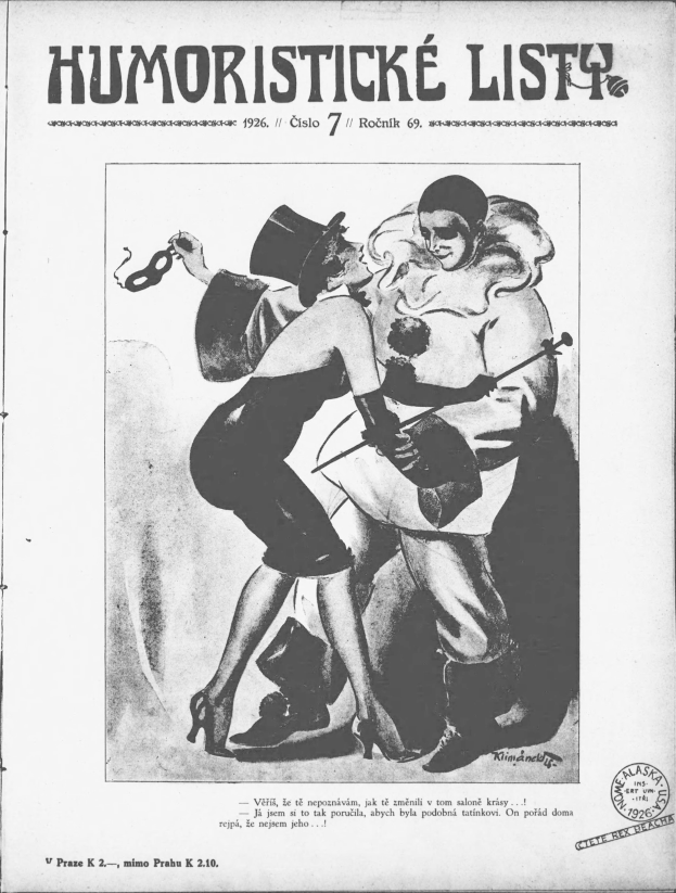 Schwarzes und weißes Plakat aus dem Jahr 1926, das einen Mann mit Zylinder und eine Frau mit einem Musikinstrument zeigt, die tanzen.