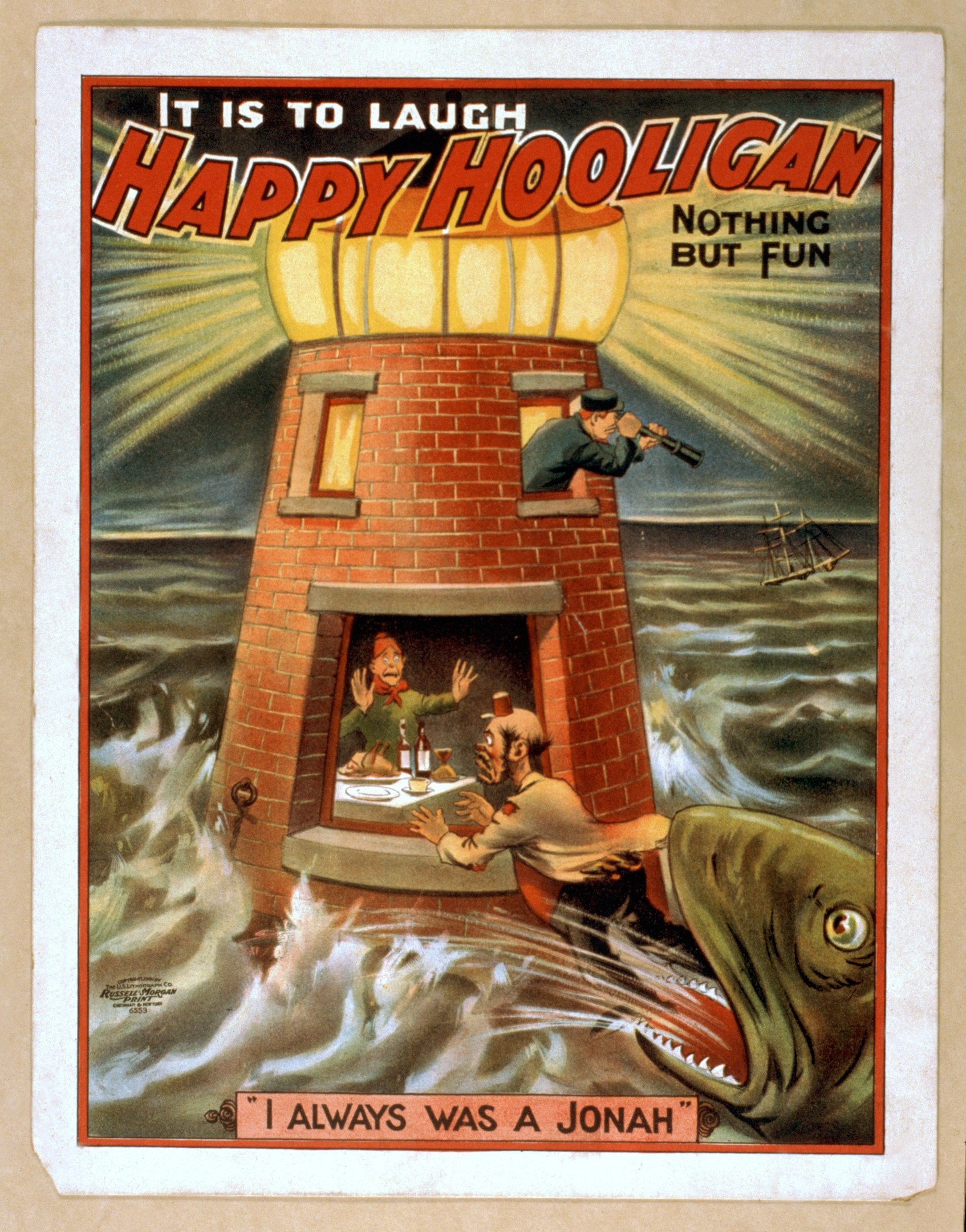 Ein Plakat mit einem Leuchtturm, umgeben von Menschen, einem Fisch und Wasser, mit dem Text "Das ist zum Lachen, glücklicher Rowdy, nichts als Spaß" oben und unten.