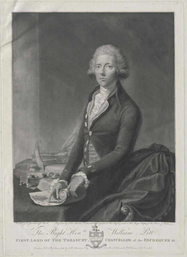Schwarzes und weißes Porträt von William Pitt, dem ersten Lord des Schatzamtes, der mit einem Stift in der Hand auf einem Stuhl sitzt, Papiere auf dem Tisch und Text mit einem Logo unten.