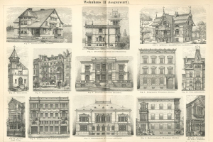 Eine Seite aus einem Buch mit verschiedenen Gebäuden in unterschiedlichen Architekturstilen sowie begleitendem Text.