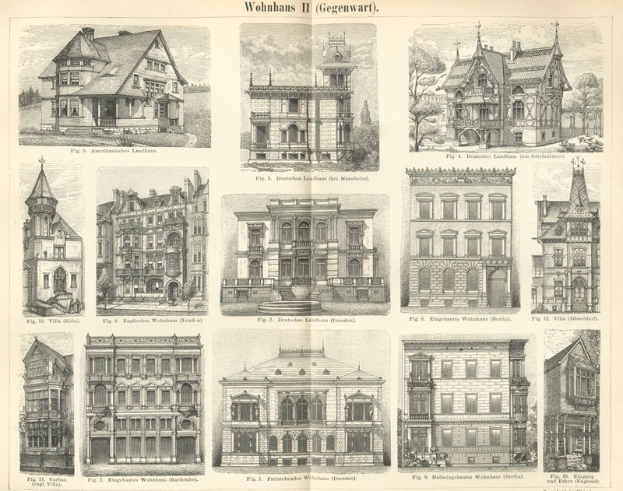 Eine Seite aus einem Buch mit verschiedenen Gebäuden in unterschiedlichen Architekturstilen sowie begleitendem Text.