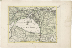Ein detaillierter alter Stadtplan von Bies Bosch, Deutschland, mit Straßennamen, Gebäuden und Sehenswürdigkeiten mit Textbeschriftungen.