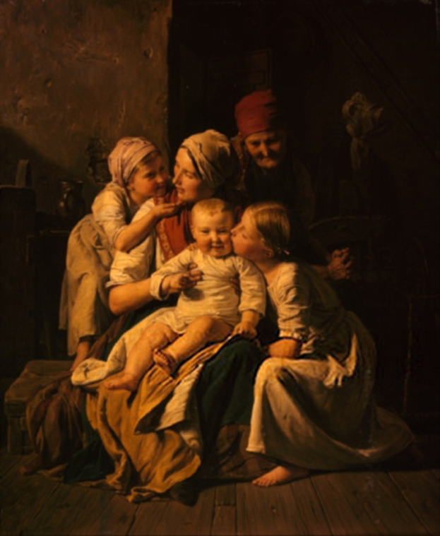 Drei Frauen und zwei Kinder posieren für ein Foto.