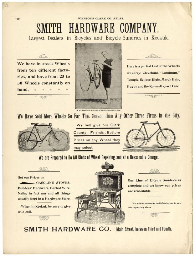 Eine Person hält ein Fahrrad mit einem Rad im Vordergrund, mit Text, der die Produkte und Dienstleistungen von Smith Hardware Co. beschreibt.