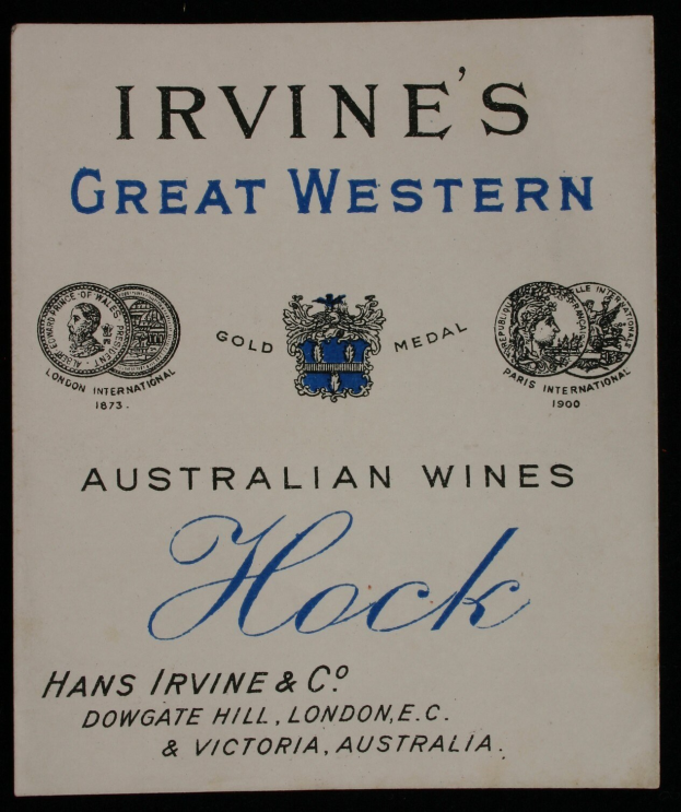 Plakat, das Irvine's Great Western Australian Wines Hock bewirbt, mit dem Logo und Text, der die verschiedenen Weinarten anzeigt.