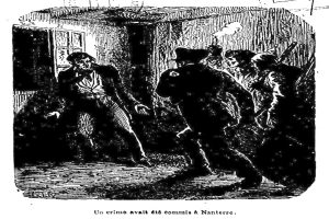 Eine Schwarz-Weiß-Illustration eines Mannes in Anzug und Hut, der von einem Polizeibeamten eskortiert wird, mit einer Wand und einer Tür im Hintergrund. Unten steht der Text "Un crime avait été commis à nantes".