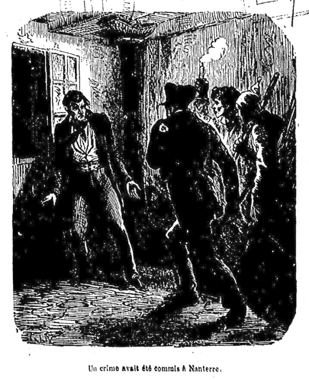 Eine Schwarz-Weiß-Illustration eines Mannes in Anzug und Hut, der von einem Polizeibeamten eskortiert wird, mit einer Wand und einer Tür im Hintergrund. Unten steht der Text "Un crime avait été commis à nantes".