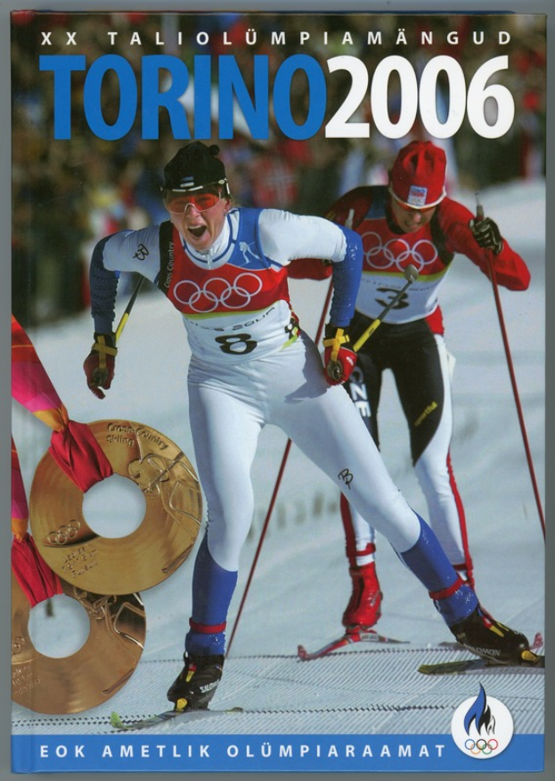 Ein Plakat der Olympischen Spiele 2006 in Turin, Italien, das zwei Skifahrer auf dem Schnee mit "Torino 2006" quer über der Spitze zeigt.