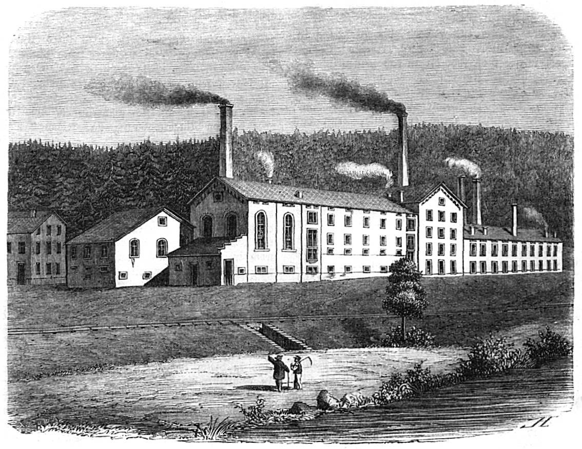 Schwarz-weißes Gravur von einer Fabrik mit rauchenden Schornsteinen, umgeben von Bäumen, Pflanzen und Menschen, beschriftet mit "New York State Penitentiary" unten.