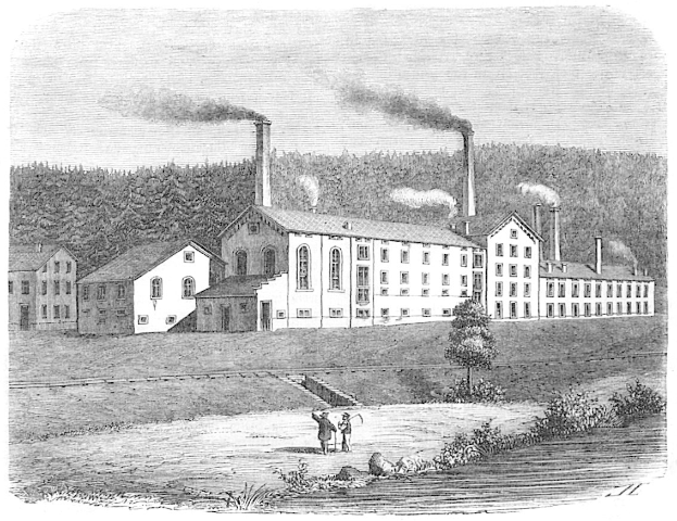 Schwarz-weißes Gravur von einer Fabrik mit rauchenden Schornsteinen, umgeben von Bäumen, Pflanzen und Menschen, beschriftet mit "New York State Penitentiary" unten.