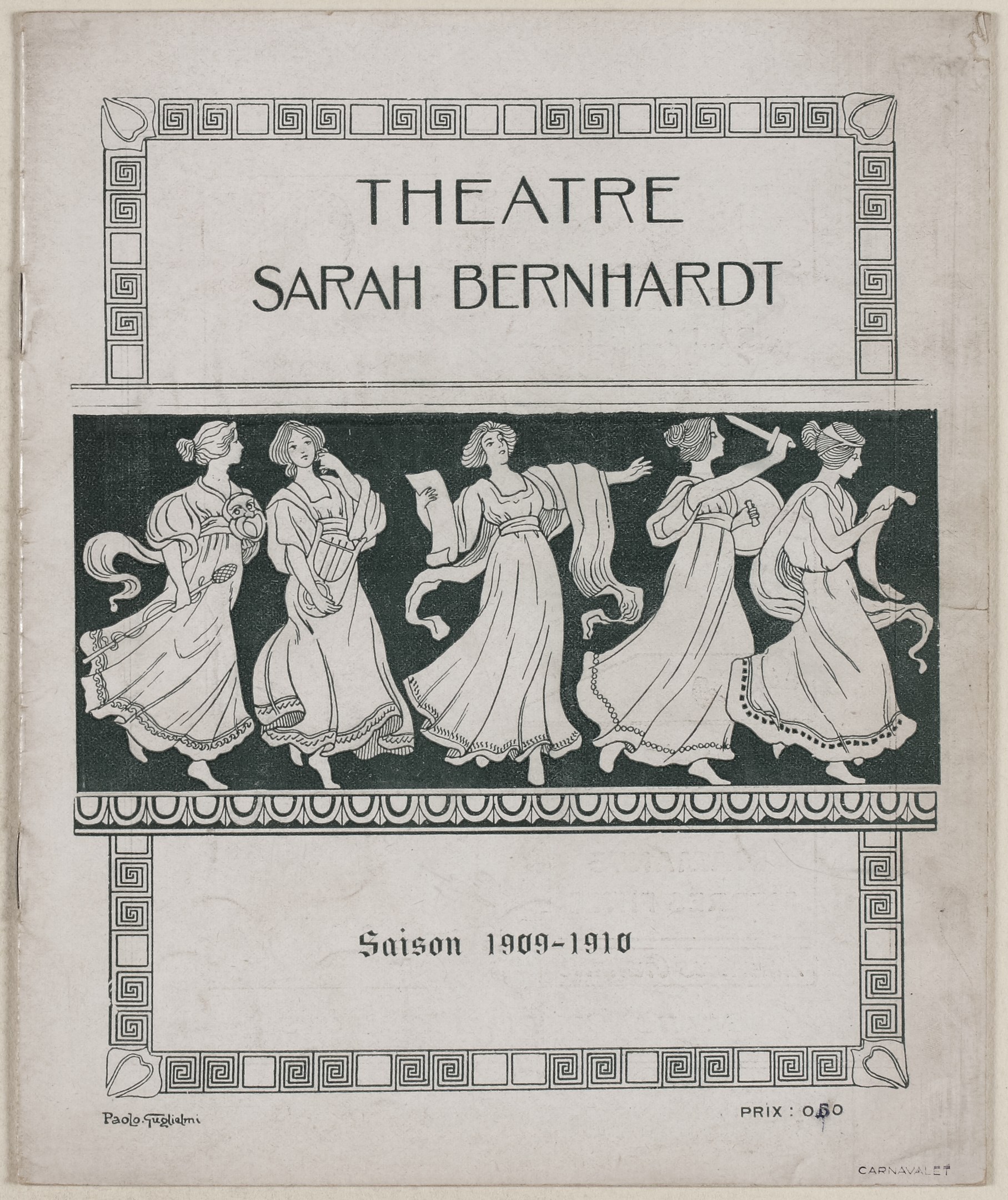 Plakat für das Theatre Sarah Bernhardt von 1909-1910, das eine Gruppe von Frauen in der Mitte zeigt, umgeben von Text, der das Theater und seine Künstler beschreibt.