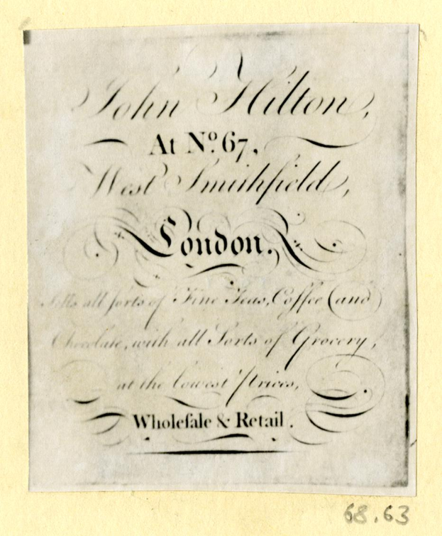 Ein Blatt Papier mit dem Text "John Hilton, No. 67, West Smithfield, London" darauf.