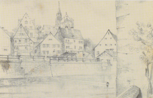 Eine Bleistiftzeichnung namens "Nürnberg, Deutschland" von Joseph Mallord William Turner, die eine Stadtlandschaft mit einem Fluss, Gebäuden, Bäumen und einer Brücke zeigt.