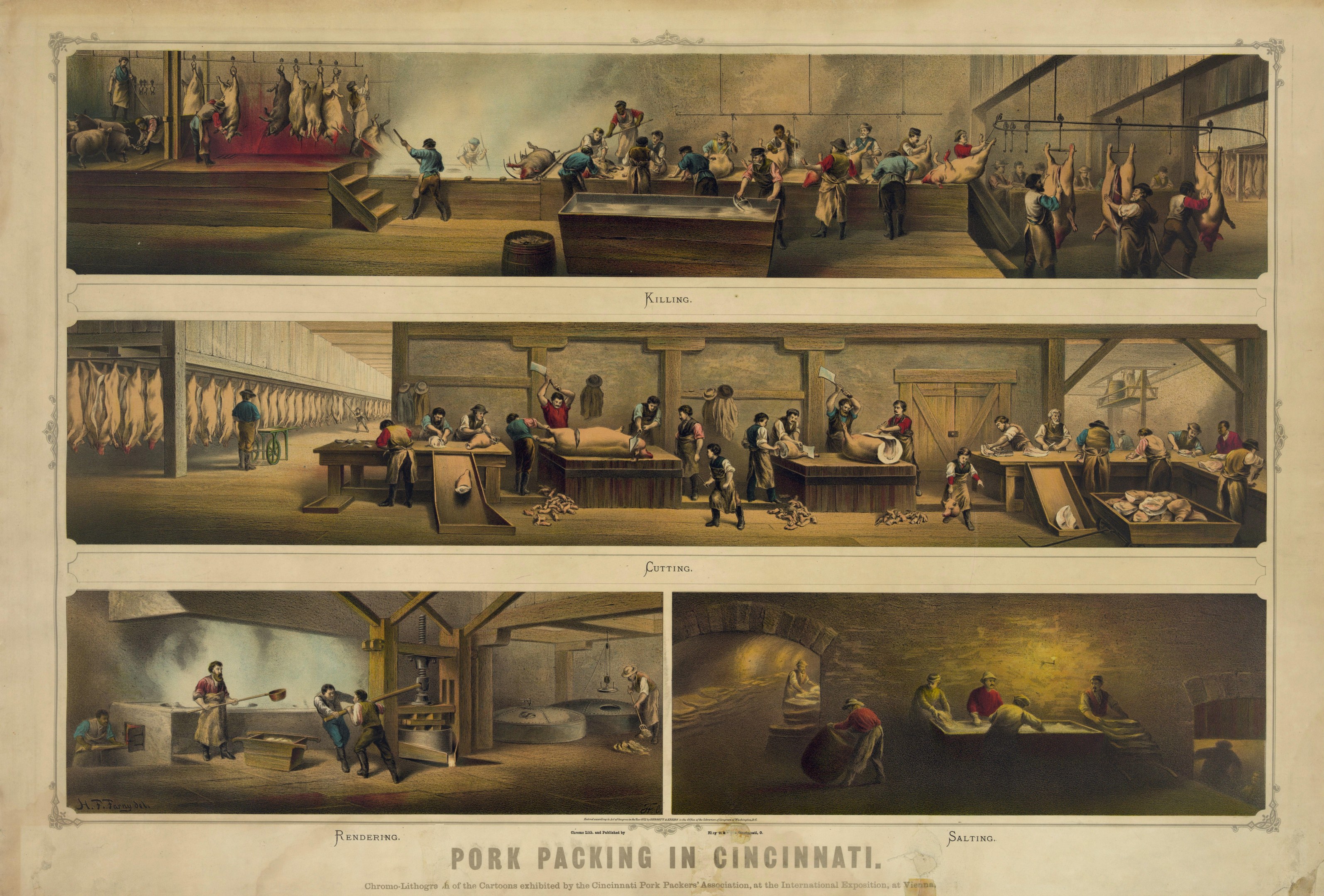 Plakat mit der Aufschrift "Schweineverarbeitung in Cincinnati" zeigt Menschen in einem Raum mit verstreuten Gegenständen, das die Schweineverarbeitung illustriert.