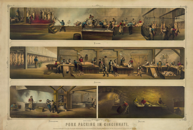 Plakat mit der Aufschrift "Schweineverarbeitung in Cincinnati" zeigt Menschen in einem Raum mit verstreuten Gegenständen, das die Schweineverarbeitung illustriert.