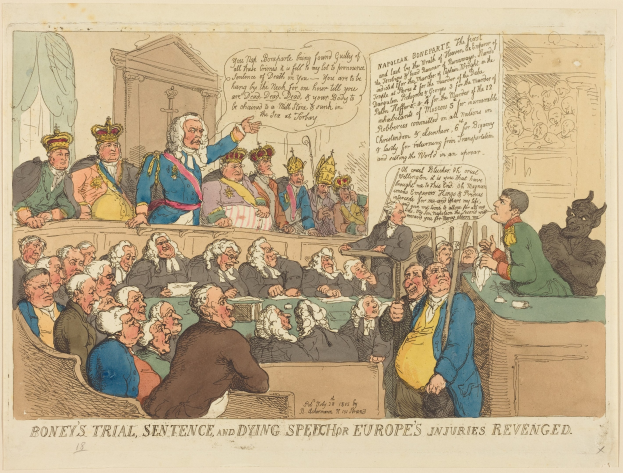 Cartoon-Illustration einer Gerichtsszene mit einem stehenden Mann in der Mitte, sitzenden Personen, einem Tisch mit Gegenständen rechts und dem Text 'Boney's Trial, Sentence and Dying Speech Europe's Injuries Revenged' unten.