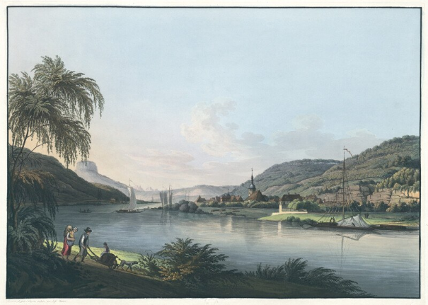 Gemälde, das eine Flussszene mit Menschen, Booten, Bäumen, Gras, Hügeln und einem bewölkten Himmel zeigt und unten mit "Eine Ansicht des Rheins von den Ufern des Flusses" betitelt ist.