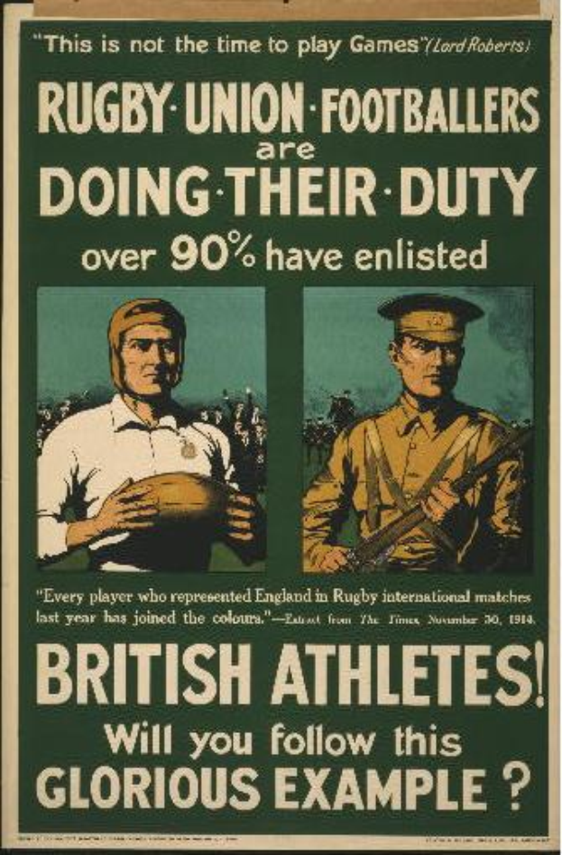 Ein Vintage-Plakat mit zwei Rugby-Union-Fussballern, auf dem ihre Einberufung angekündigt wird und dass über 90% der britischen Athleten eingezogen sind.