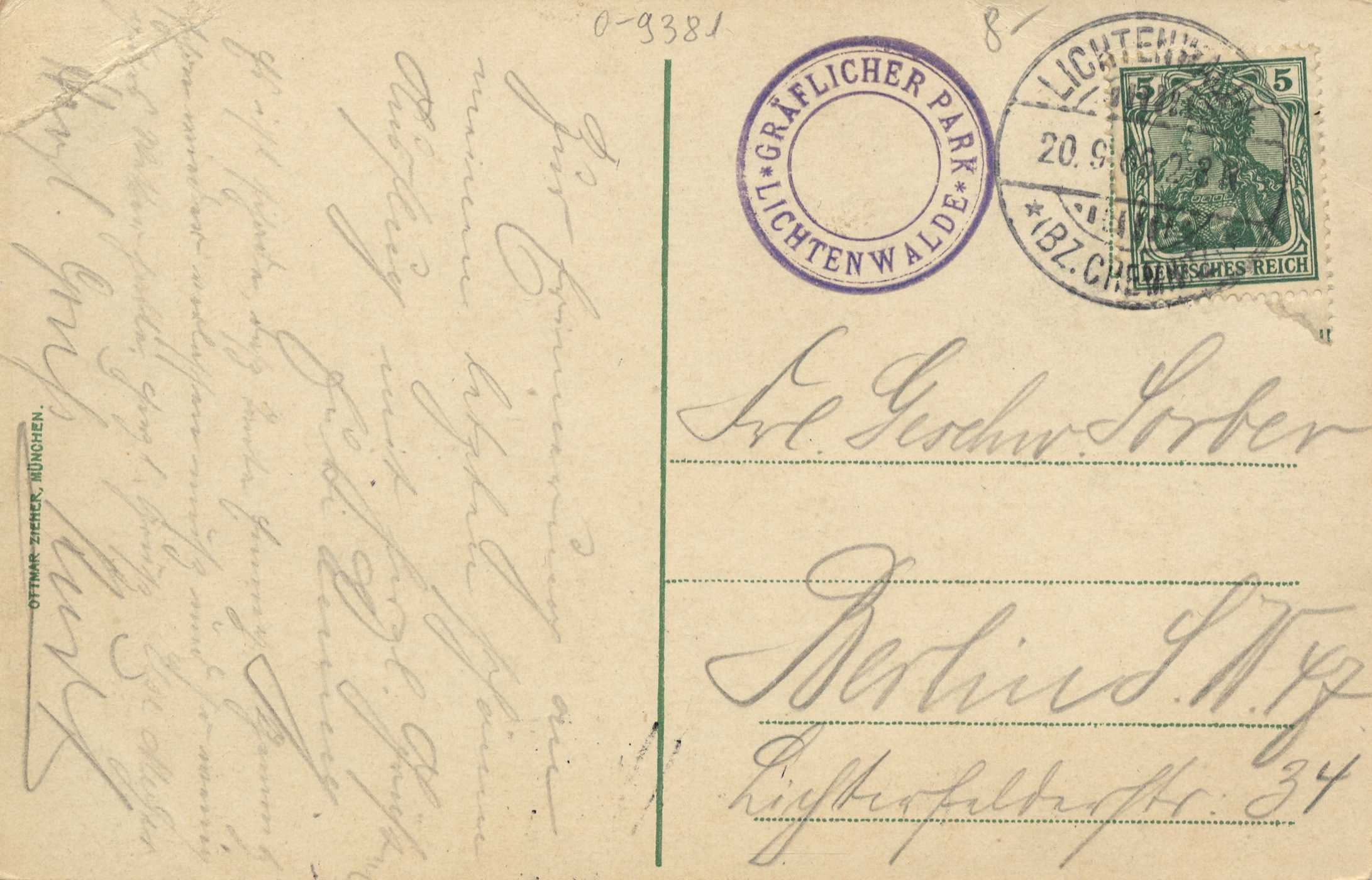 Alte Postkarte mit einer Briefmarke, die "Lichtenwald, Deutschland - Einschreiben nach Deutschland" lautet, mit handgeschriebenem Text und zwei zusätzlichen Stempeln in der oberen rechten Ecke.