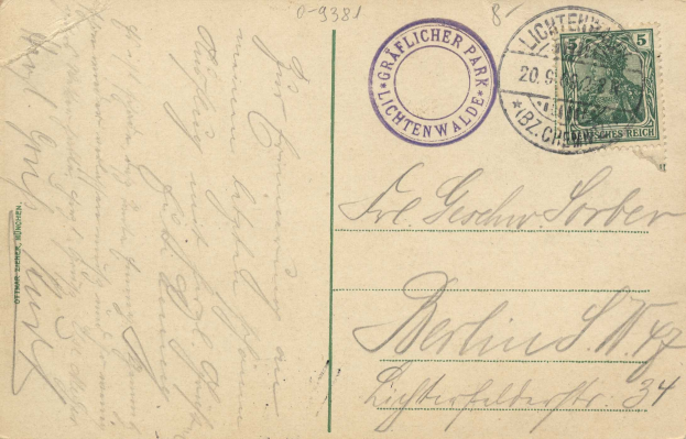 Alte Postkarte mit einer Briefmarke, die "Lichtenwald, Deutschland - Einschreiben nach Deutschland" lautet, mit handgeschriebenem Text und zwei zusätzlichen Stempeln in der oberen rechten Ecke.
