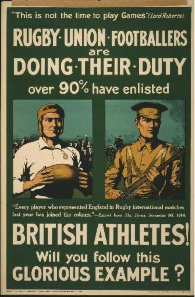 Britisches WWI-Recruiting-Plakat mit zwei Rugby-Union-Fußballern in Militäruniformen mit Text über Athleten, die sich verpflichten.