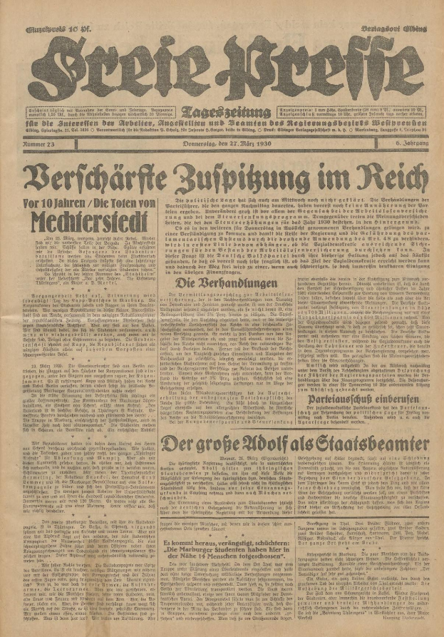 Schwarze und weiße Titelseite einer alten deutschen Zeitung mit einem ernst dreinblickenden Mann, der direkt in die Kamera schaut.