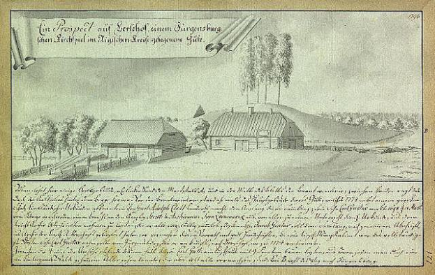 Ein altes Dokument mit einer Zeichnung eines Bauernhofs in einem Feld, umgeben von Häusern, Bäumen und Himmel, mit der Beschriftung "Surgensburg, Deutschland - Landschaft eines Bauernhofs".