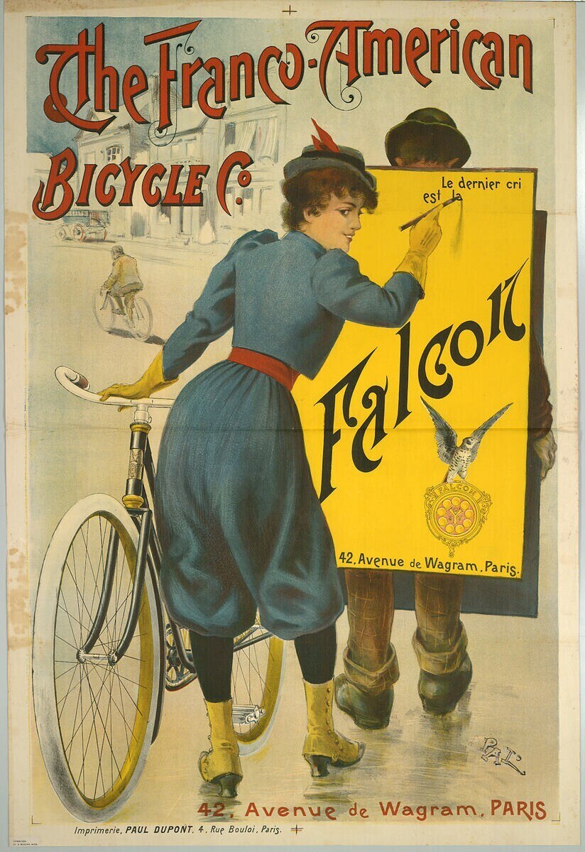 Plakat für die Franco-Amerikanische Fahrradgesellschaft, das eine Frau neben einem Fahrrad zeigt, mit Text, der die Dienstleistungen der Gesellschaft bewirbt.