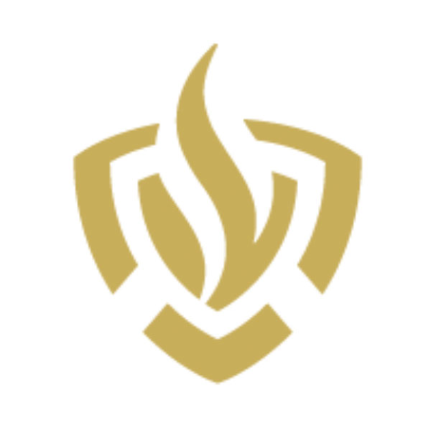 Ein goldenes Logo mit weißem Hintergrund und einem Feuer in der Mitte, das wahrscheinlich für eine Feuerversicherungsgesellschaft steht.