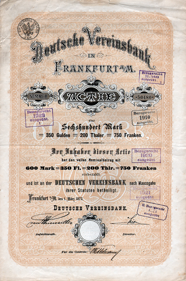 Ein altes deutsches Wertpapier, ausgestellt von der Deutschen Vereinsbank in Frankfurt, Deutschland, gedruckt auf Papier mit Text.
