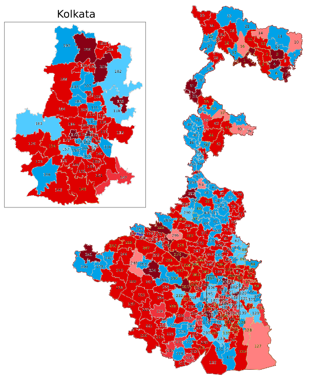 Eine Karte von Kolkata, Indien, farblich kodiert nach dem Prozentsatz der Bevölkerung in jedem Gebiet, mit der Überschrift "Kolkata-Wahl-Ergebnisse" oben.