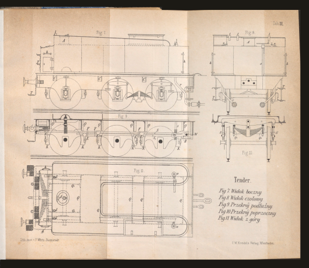 Ein aufgeschlagenes Buch mit einer detaillierten Zeichnung einer Lokomotive, einschließlich ihrer Räder, Zylinder und anderer Komponenten, sowie begleitendem Text mit weiteren Informationen.