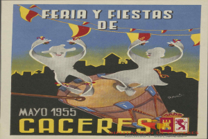 Buntes Plakat, das das Karnevalsfest Feria y Fiestas de Cáceres in Spanien ankündigt, mit traditionellen Kostümen, gelbem Hintergrund und schwarzer Schrift.