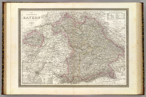 Ein altes Buch mit einer detaillierten Karte von Bayern, die Städte, Ortschaften und geografische Merkmale zeigt, mit begleitendem Text, der zusätzliche Informationen bietet.