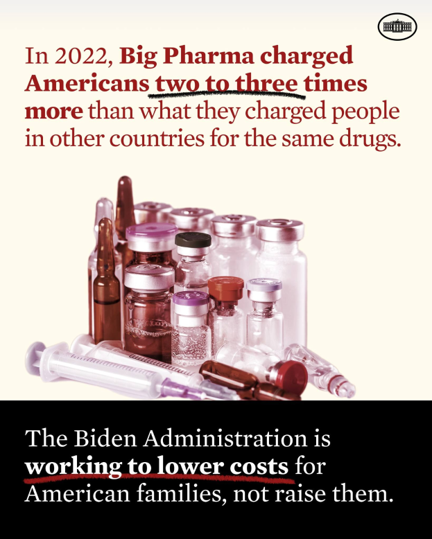 Plakat mit der Aufschrift, dass Big Pharma Amerikaner im Jahr 2022 zwei bis drei Mal mehr für dieselben Medikamente berechnet hat als andere Länder, mit Bildern von Medikamentenflaschen und einer Spritze.