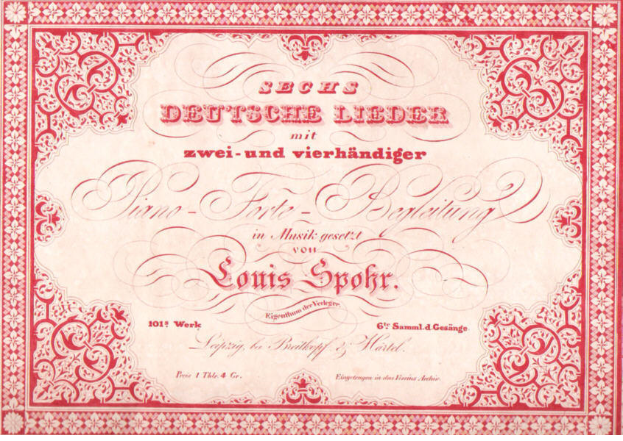 Ein altes deutsches Wertpapier mit rotem Rand und weißem Hintergrund, das den Text 'Louis Spohr - Zweites Deutsches Lieder' zeigt.