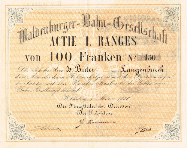 Eine alte deutsche Banknote mit dem Bild eines Mannes und dem Text "Haldenburger-Balm Gesellschaft Actie 1 Ranges".