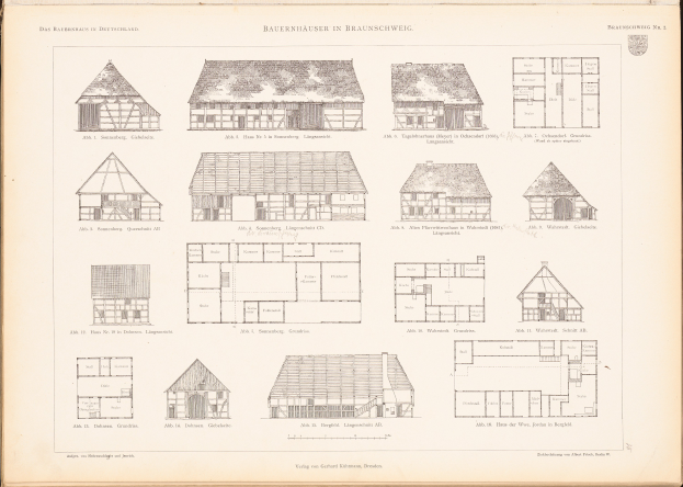 Ein offenes altes Buch mit detaillierten Hausplänen und begleitendem Text.