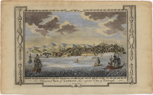 Luftaufnahme von Lissabon, Portugal, mit Booten auf dem Wasser, Gebäuden, Hügeln und einem bewölktem Himmel, mit Text unten.