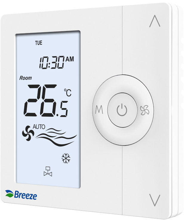 Weißer digitaler programmierbarer Thermostat mit der Beschriftung "breeze digital programmierbare Thermostate" vor einem weißen Hintergrund.