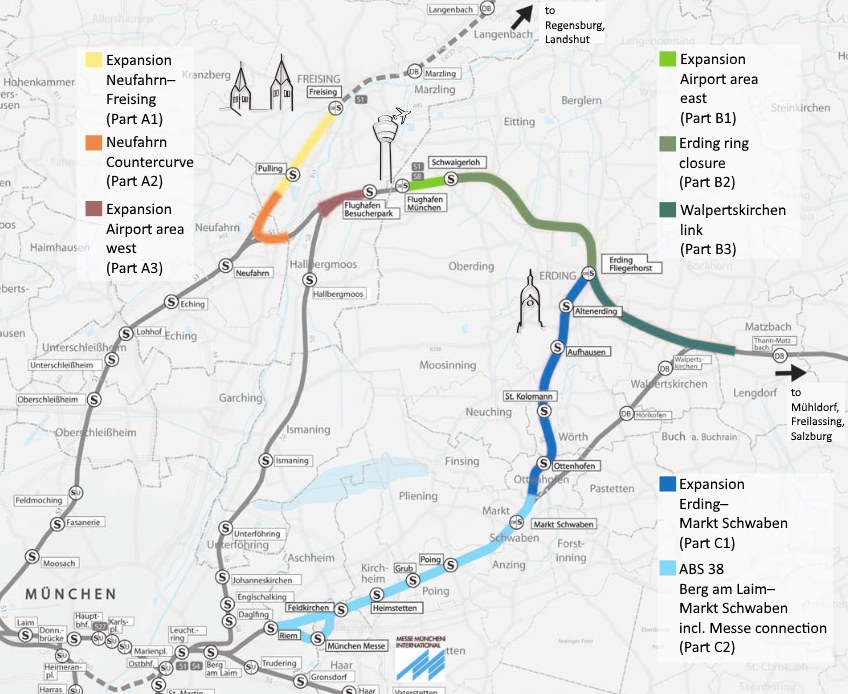 Eine detaillierte Stadtkarte, die eine Zugroute von München nach Frankfurt mit markierten Haltestellen, Umgebung und zusätzlichen Zuginformationen hervorhebt.