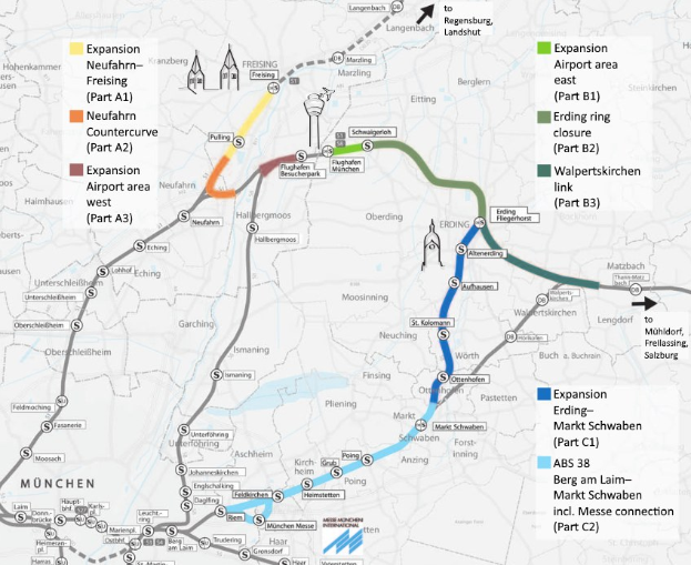 Eine detaillierte Stadtkarte, die eine Zugroute von München nach Frankfurt mit markierten Haltestellen, Umgebung und zusätzlichen Zuginformationen hervorhebt.