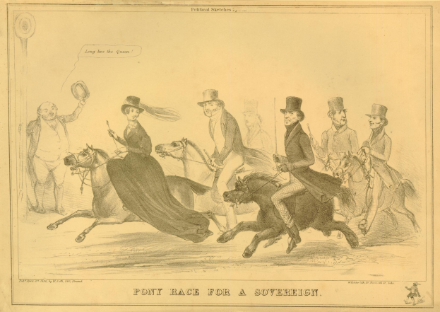 Eine Gruppe von Menschen, die auf einem Papier mit Text reitet, nimmt an einem Ponyrennen für einen Souverän teil.