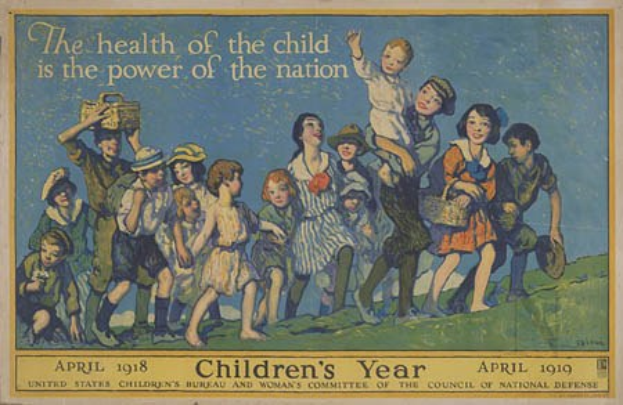 Plakat mit Kindern, die Körbe halten, mit der Überschrift "Die Gesundheit des Kindes ist die Kraft der Nation", betont die Gesundheit von Kindern und die nationale Stärke.