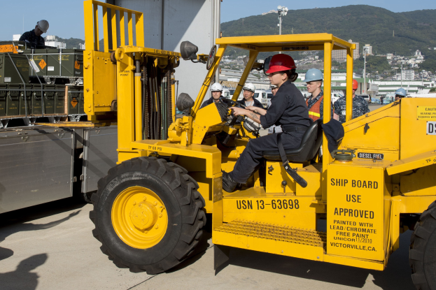 Gruppe von Menschen in Helmen auf einem gelben Gabelstapler mit Gebäuden, Bäumen, Strommasten, Hügeln und einem klaren blauen Himmel im Hintergrund.