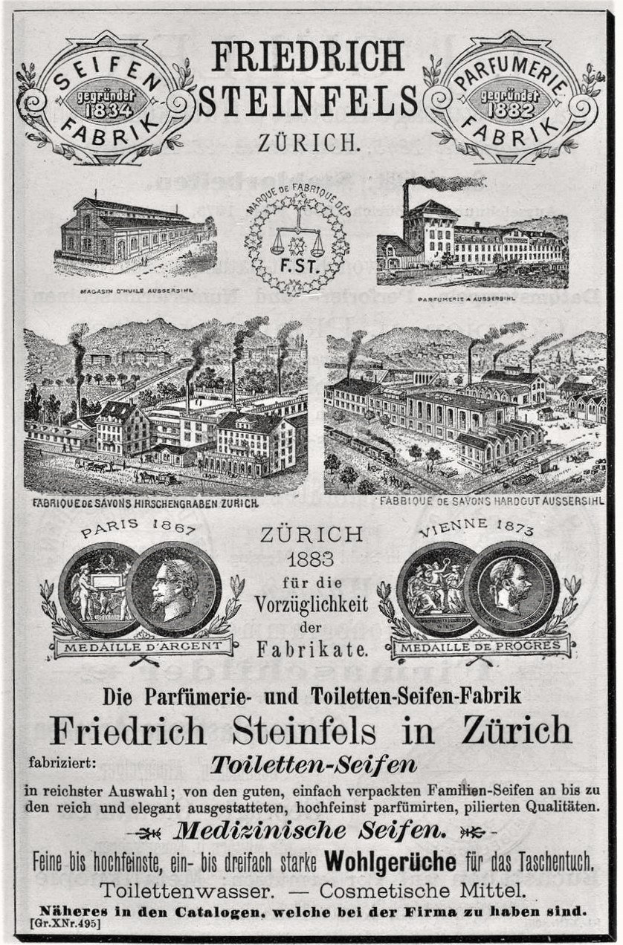 Schwarze und weiße Werbung für Friedrich Steinfels in Zürich mit Bildern von Gebäuden, Menschen und Text.